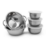 Set 4 boluri inox cu capac si o strecuratoare, Relaxdays, argintiu