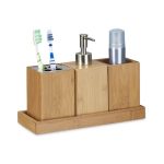 Set dispenser sapun cu suport periute de dinti si suport tip pahar din bambus, Relaxdays, 18,5 x 25 x 10,5 cm