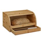 Cutie depozitare paine, bambus si lemn MDF, sertar la baza pentru cutit, maro natur, 21 x 40,5 x 28 cm