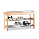 Pantofar tip banca, 2 rafturi pentru 6 perechi pantofi, bambus/metal, 43 x 74 x 30 cm