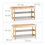 Pantofar tip banca, 2 rafturi pentru 6 perechi pantofi, bambus/metal, 43 x 74 x 30 cm - imagine 4