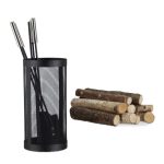 Set 4 ustensile pentru semineu/soba cu suport pentru depozitare, otel, negru/argintiu
