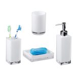 Set 4 accesorii de baie, dispensar, savoniera, suport pentru 4 periute, pahar, din plastic, alb lucios