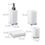 Set 4 accesorii de baie, dispensar, savoniera, suport pentru 4 periute, pahar, din plastic, alb lucios - imagine 4