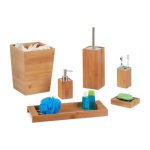 Set accesorii de baie, 6 piese, bambus si inox, maro natur/argintiu