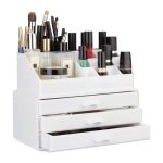 Organizator make-up si accesorii, 16 compartimente si 3 sertare, acrilic, alb, Relaxdays