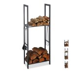 Suport pentru lemne de foc, Relaxdays, 2 rafturi, dimensiuni 150 x 60 x 30 cm, antracit