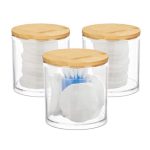 Set 3 suporturi dischete demachiante, cu capace din bambus, multifunctionale, acrilic transparent/maro natur, 10 x 10 x 9.5 cm