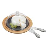 Tocator/Platou pentru branzeturi, cu tacamuri si capac, bambus/ardezie, 13 x 25 cm