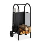 Carucior pentru transport/depozitare lemne cu 3 ustensile pentru semineu/soba, 2 roti, otel, negru, 81 x 42 x 37 cm