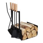 Set 4 ustensile pentru semineu cu suport metalic pentru lemne, otel/lemn, negru mat