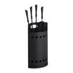 Set ustensile semineu 5 piese, design modern negru mat, cleste, carlig, lopata, matura, suport