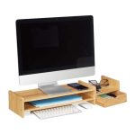Stand monitor cu sertar si raft depozitare, din bambus, 12 x 70 x 19 cm