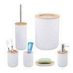 Set accesorii baie, 6 piese, bambus/plastic, Alb, Relaxdays