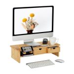 Suport pentru monitor cu 2 sertare, din bambus, 17,5 x 54 x 31,5 cm