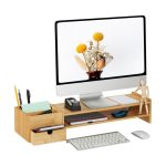 Stand monitor cu 6 compartimente si sertar, din bambus, 13 x 70 x 19 cm