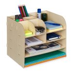 Organizator de birou cu 10 compartimente de depozitare, dimensiuni diferite, fabricat din MDF, maro deschis