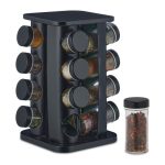 Set 16 recipiente pentru condimente, suport negru rotativ 360°, 27,5 x 20 x 20 cm