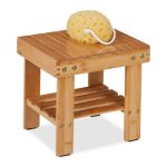 Scaun de baie cu raft pentru depozitare, din bambus, natural, 26 x 27 x 22,5 cm