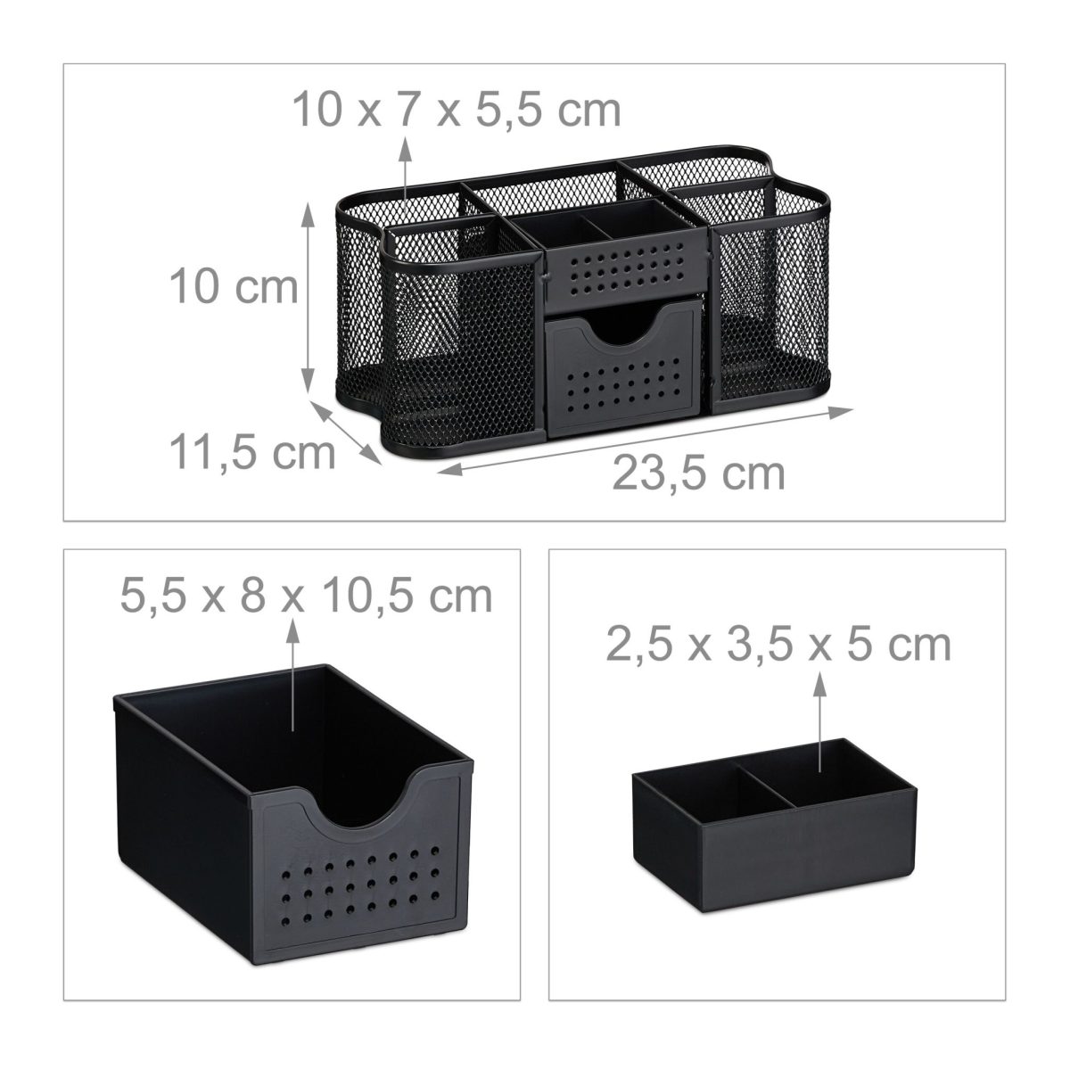 Organizator de birou, 6 compartimente, 1 sertar, metal, negru, 10 x 23,5 x 11,5 cm - imagine 4