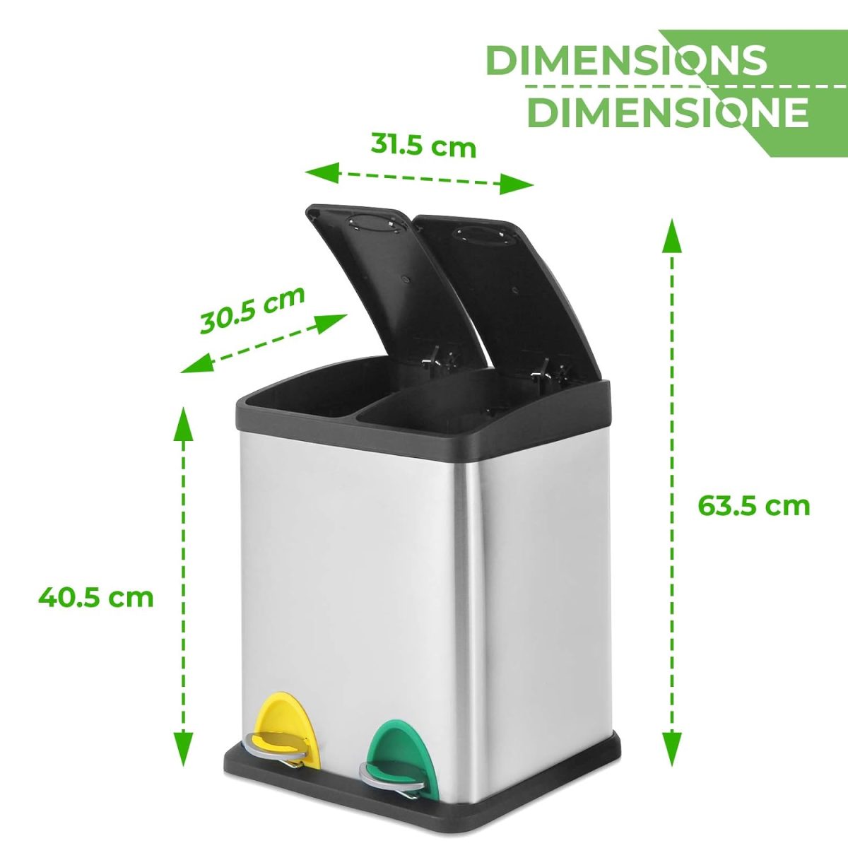 Cos de reciclare, de 16 litri, cu sistem de separare a deseurilor pentru bucatarie, Otel, gri - imagine 8