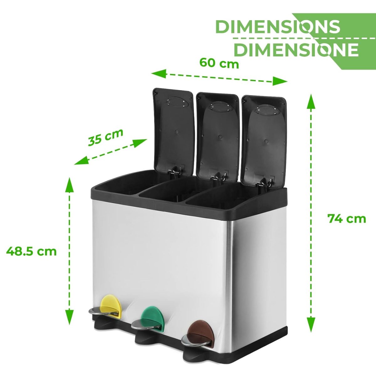 Cos de gunoi cu 3 compartimente, 45 litri, sistem de separare a deseurilor, Otel, gri - imagine 3