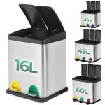 Cos de reciclare, de 16 litri, cu sistem de separare a deseurilor pentru bucatarie, Otel, gri - imagine 2