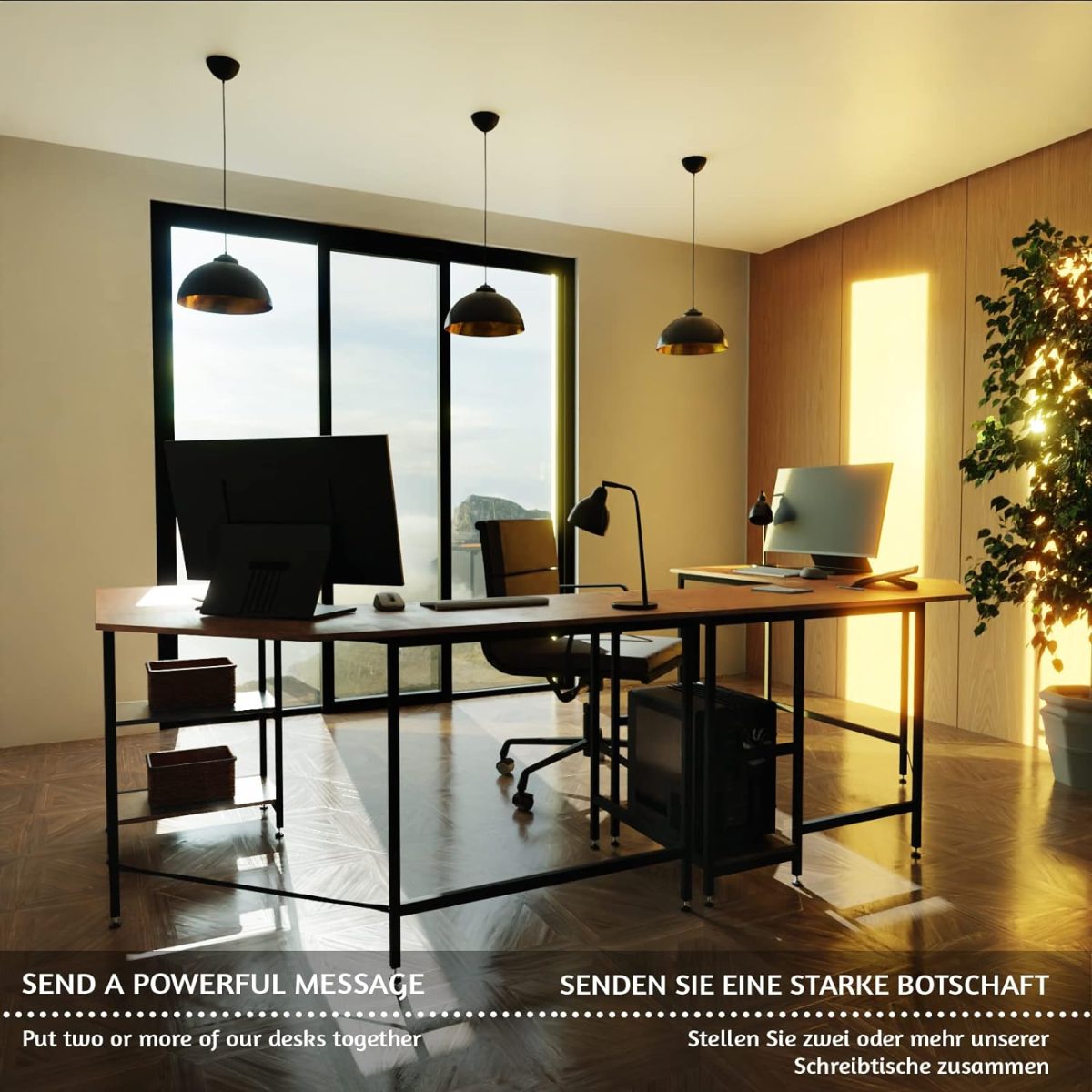 Birou Rustic in forma de L, lemn cu structura metalica, reglabil, 138 x 138 x 76 cm - imagine 8