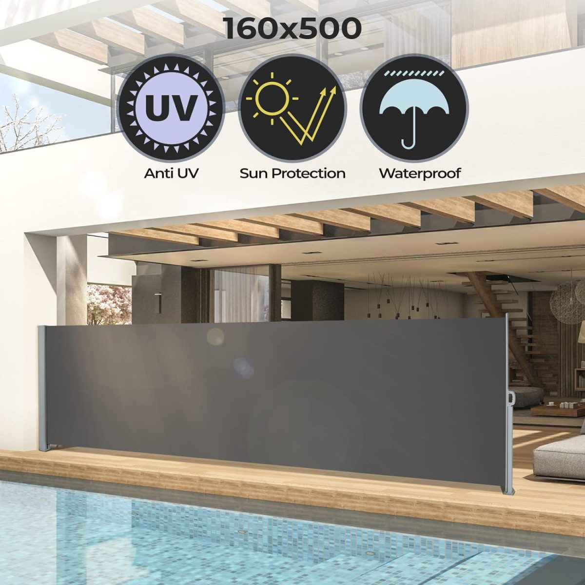 Copertina laterala, pentru balcon/gradina/terasa, protectie UV 50, rezistenta la intemperii, 160x300 cm, gri - imagine 8