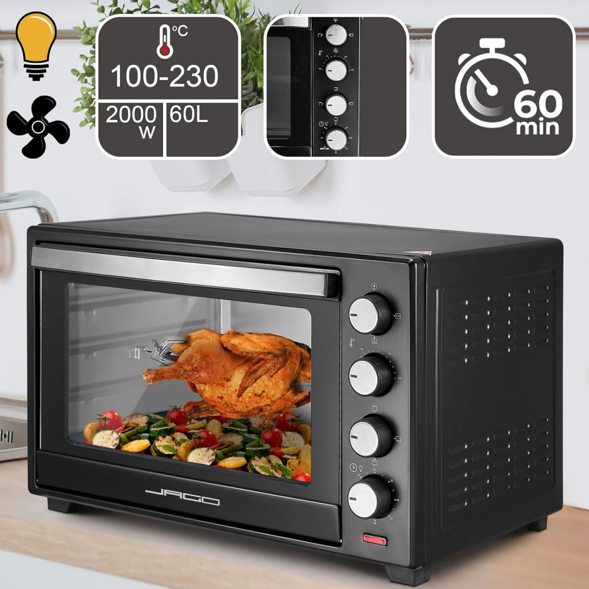 Cuptor electric, Temporizator, Rotisor, 100-230°, 2000W, 60L, 5 tipuri de caldura, negru, 62 x 41 x 40 cm - imagine 3