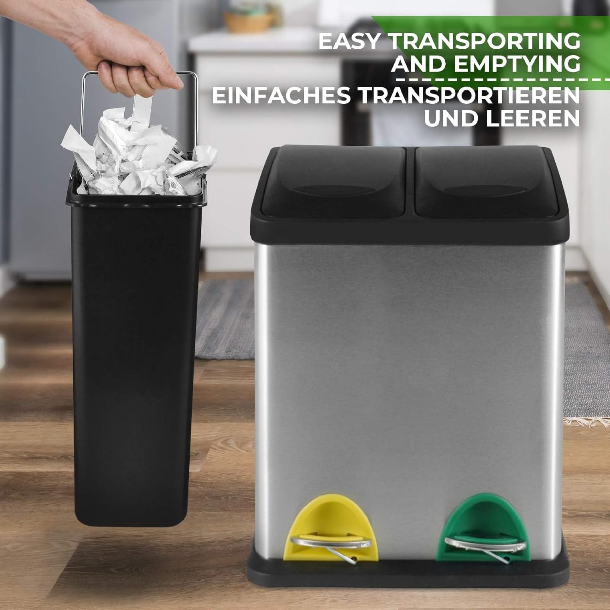 Cos de reciclare, de 16 litri, cu sistem de separare a deseurilor pentru bucatarie, Otel, gri - imagine 6