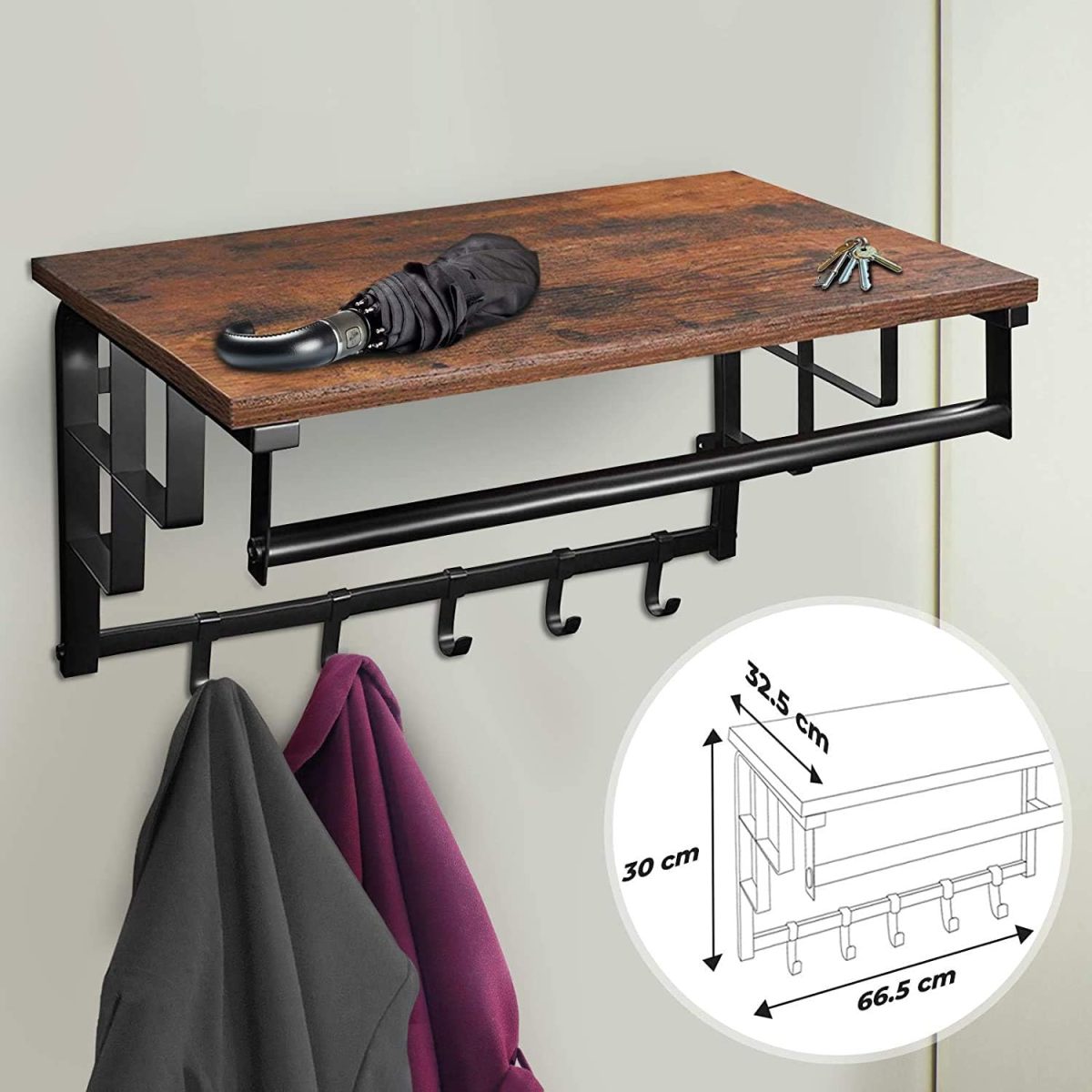 Cuier Vintage, cu polita lemn MDF, sina umerase, 5 carlige, structura metalica, 66.5 x 30 x 32.5 cm - imagine 8