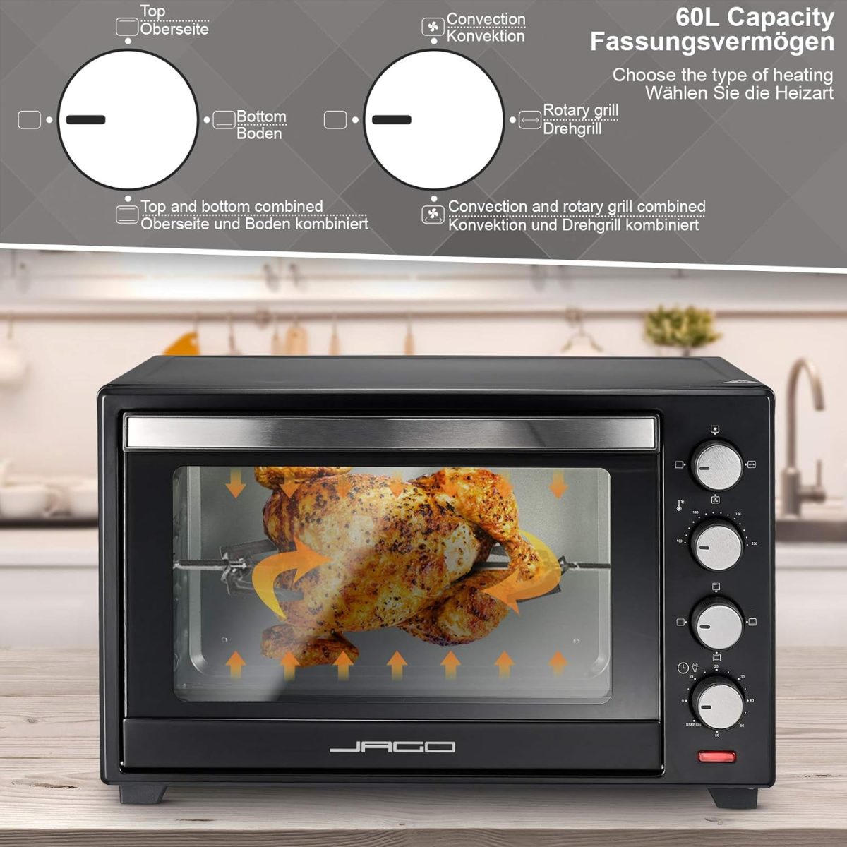 Cuptor electric, Temporizator, Rotisor, 100-230°, 2000W, 60L, 5 tipuri de caldura, negru, 62 x 41 x 40 cm - imagine 6
