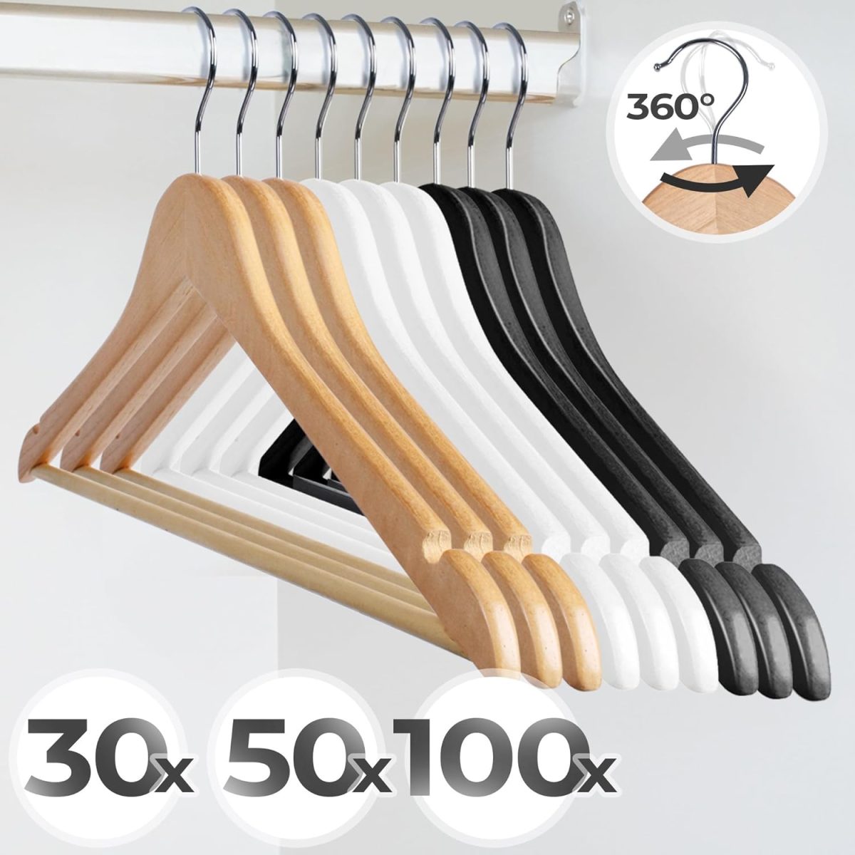 Set umerase din lemn masiv, carlig metalic rotativ, bara pentru pantaloni si design modern, 50 bucati - imagine 6
