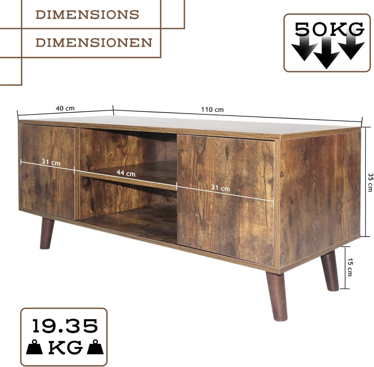 Comoda TV Vintage, cu picioruse, 2 dulapuri, 2 rafturi, pal, 110 x 50 x 40 cm - imagine 3