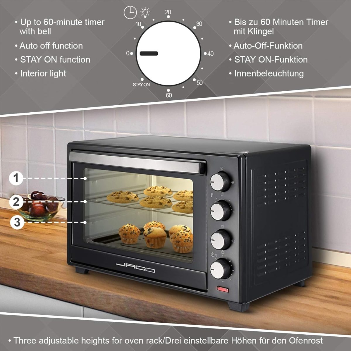 Cuptor electric, Temporizator, Rotisor, 100-230°, 2000W, 60L, 5 tipuri de caldura, negru, 62 x 41 x 40 cm - imagine 2