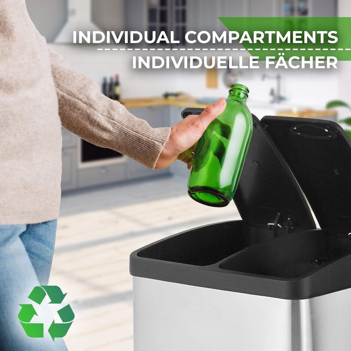 Cos de reciclare, de 16 litri, cu sistem de separare a deseurilor pentru bucatarie, Otel, gri - imagine 7