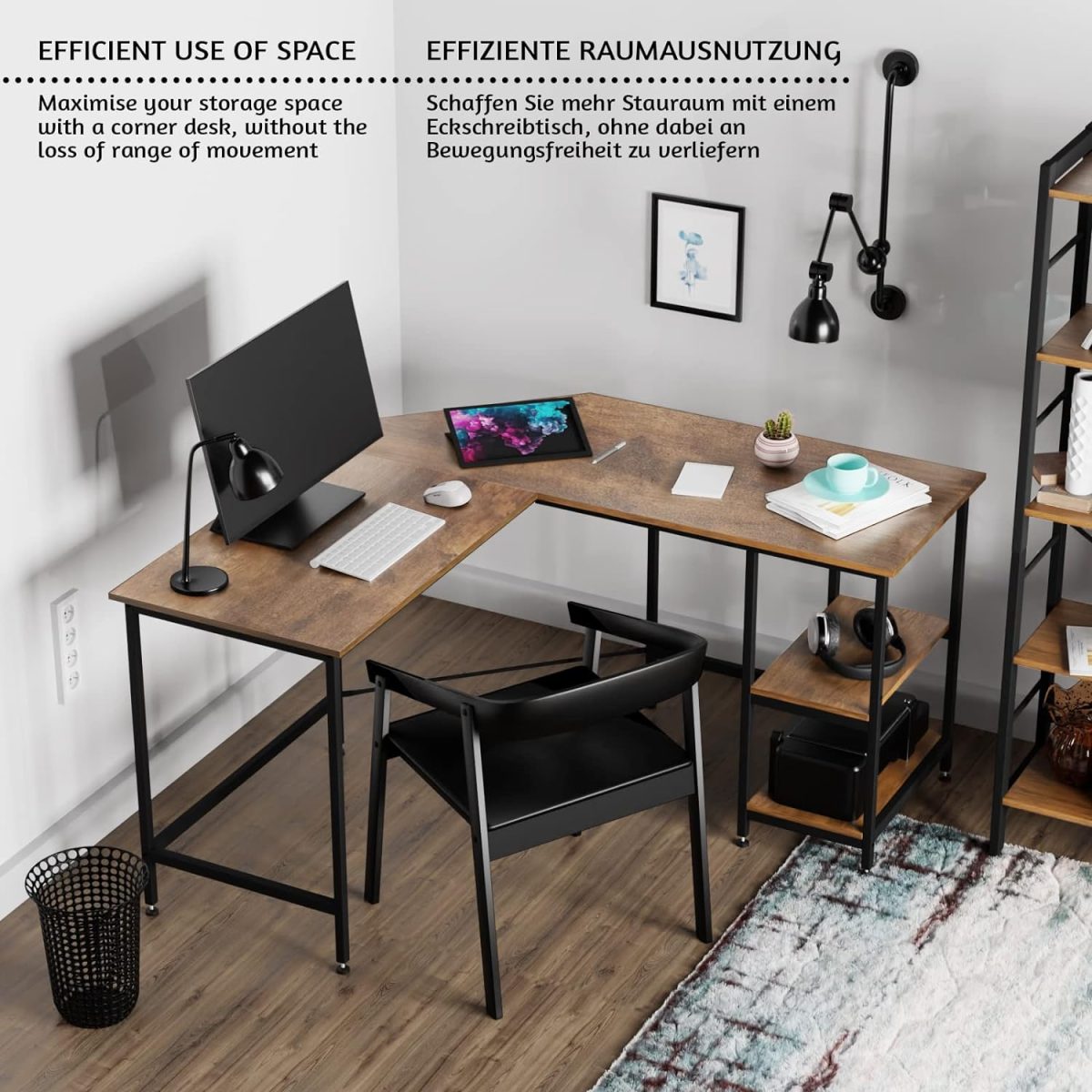 Birou Rustic in forma de L, lemn cu structura metalica, reglabil, 138 x 138 x 76 cm - imagine 2