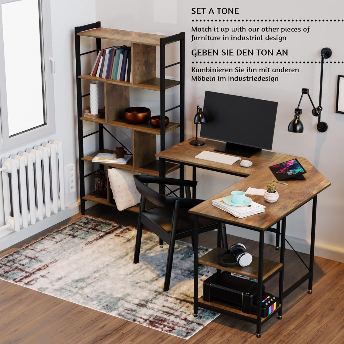 Birou Rustic in forma de L, lemn cu structura metalica, reglabil, 138 x 138 x 76 cm - imagine 6