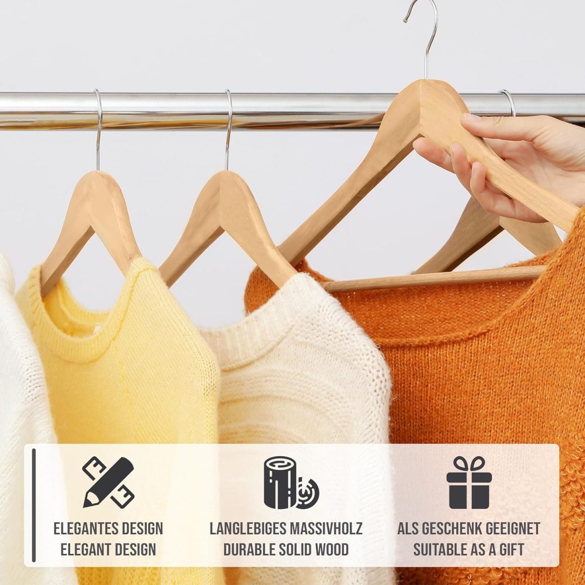 Set umerase din lemn masiv, carlig metalic rotativ, bara pentru pantaloni si design modern, 30 bucati - imagine 9