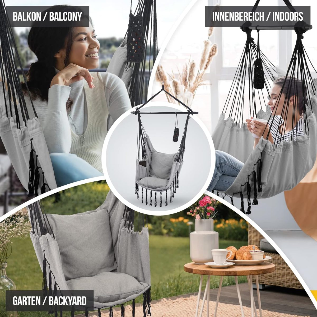 Scaun suspendat tip leagan/balansoar, interior/exterior, capacitate 150 kg, pliabil, suport bautura, buzunar interior, rotativ 360°, gri - imagine 4