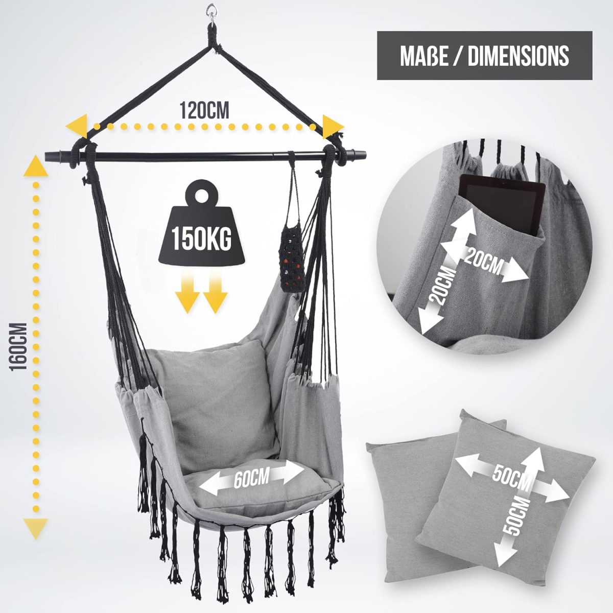 Scaun suspendat tip leagan/balansoar, interior/exterior, capacitate 150 kg, pliabil, suport bautura, buzunar interior, rotativ 360°, gri - imagine 8