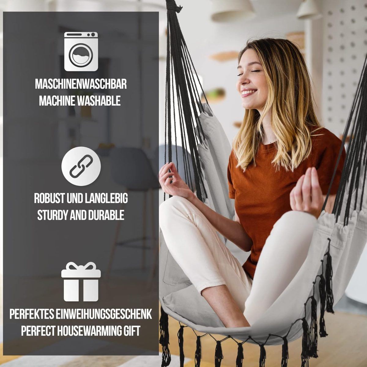 Scaun suspendat tip leagan/balansoar, interior/exterior, capacitate 150 kg, pliabil, suport bautura, buzunar interior, rotativ 360°, gri - imagine 9