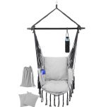 Scaun suspendat tip leagan/balansoar, interior/exterior, capacitate 150 kg, pliabil, suport bautura, buzunar interior, rotativ 360°, gri