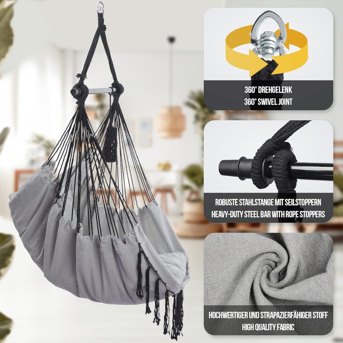 Scaun suspendat tip leagan/balansoar, interior/exterior, capacitate 150 kg, pliabil, suport bautura, buzunar interior, rotativ 360°, gri - imagine 6