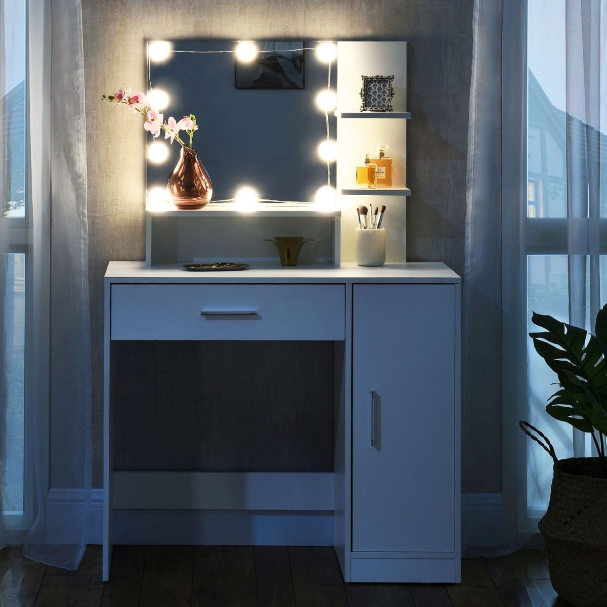 Masa de toaleta pentru machiaj "Christine", cu sertar, rafturi si dulap, alba, cu oglinda si LED-uri, 90 x 38 x 137 cm - imagine 3