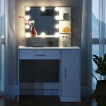Masa de toaleta pentru machiaj "Christine", cu sertar, rafturi si dulap, alba, cu oglinda si LED-uri, 90 x 38 x 137 cm - imagine 3