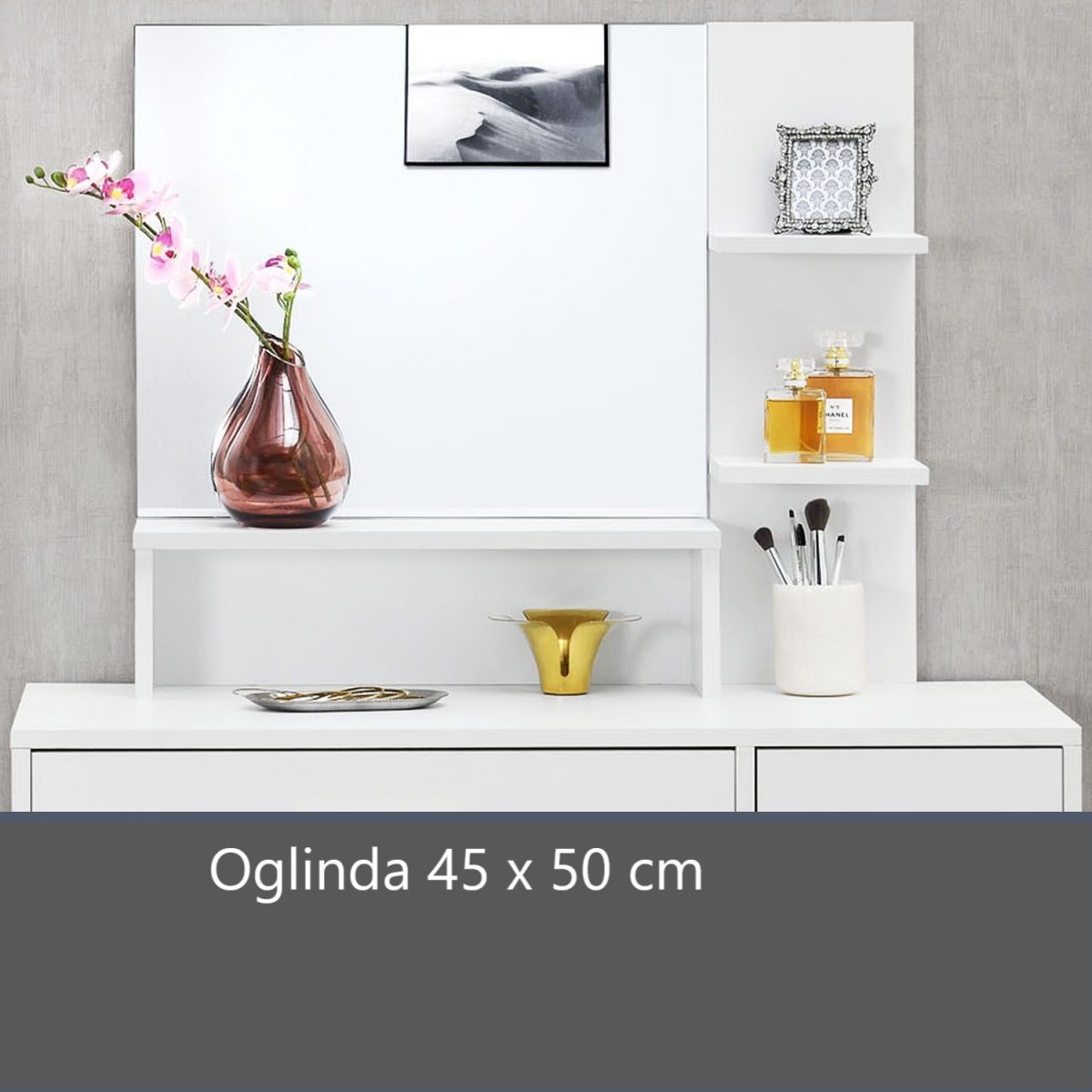 Masa de toaleta pentru machiaj "Christine", cu sertar, rafturi si dulap, alba, cu oglinda si LED-uri, 90 x 38 x 137 cm - imagine 4