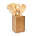 Set 4 ustensile de bucatarie cu suport, din bambus, Relaxdays, natur