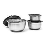 Set 3 boluri cu capac, dimensiuni diferite, baza din cauciuc anti-alunecare, din otel inoxidabil, diametru 17,5 cm/21 cm/25,5 cm
